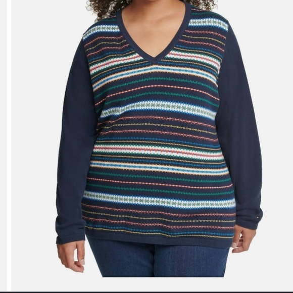 TOMMY HILFIGER IVY FLOAT V NECK STRIPED SWEATER 1X - Picture 1 of 9
